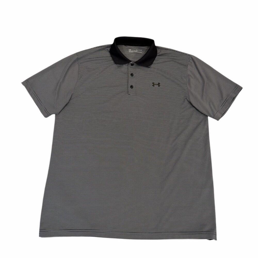 Under Armour Polo Heatgear Golf Mens XL‎ Striped Black Gray Loose Short Sleeve